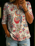 Women’s Vintage Floral Print Casual Half Sleeve Henley Cotton Top RSST204