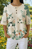 Womens Cream Leafy Cat Grid Print Casual Henley Shirt
