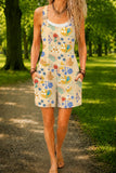 Women’s Beige Vintage Floral Print Casual Cotton Wide Leg Romper