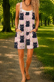 Women’s Pink Black Cat Print Casual Cotton Wide Leg Romper