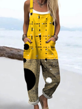 Women's Vintage Abstract Art Print Casual 100% Cotton Wide Leg Jumpsuit