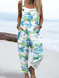 Wome's Holiday Style Watercolor Seahorse Starfish Pattern  Print Casual Cotton Wide Leg Jumpsuit