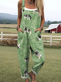 Women's Lovely Cow Art Print Casual Cotton Wide Leg Jumpsuit