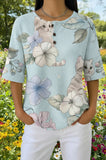 Womens Light Blue Floral Cat Print Casual Henley Shirt