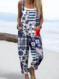 Wome'S Vintage  Floral Stripes Irregular Combination Pattern Print Casual Cotton Wide Leg Jumpsuit
