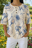 Womens Cream Blue Floral Print Casual Henley Shirt