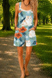 Women’s Blue Orange Cat Print Casual Cotton Wide Leg Romper