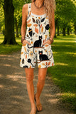 Women’s Beige Retro Cat Print Casual Cotton Wide Leg Romper