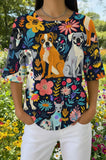 Womens Black Floral Multi-Dog Print Casual Shirt