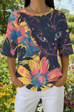 Womens Dark Blue Abstract Floral Cat Print Casual Shirt