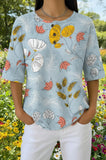 Womens Light Blue "Love" Floral Print Casual Henley Shirt