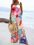 Women's Holiday Style Floral Underwater World Patterne Protect Split Joint Square Collar Loose Linen Fabric Jumpsuits
