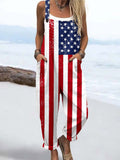 Wome'S Independence Day American Flag Pattern Print Casual Cotton Wide Leg Jumpsuit