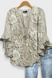Women's V-Neck 3/4 Sleeve Gray Floral Casual Blouse