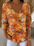 Women's Autumn Leaves Casual Print V-neck Long Sleeve Pullover Sweater