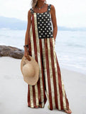 Women's Independence Day American Flag Pattern Loose Linen Material Jumpsuits