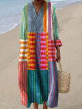 Women’s Colorful Patchwork Striped Cotton Linen 3/4 Sleeve Shirt