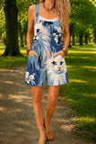 Women’s Blue White Cat Print Casual Cotton Wide Leg Romper