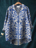 Women's Indian Art Floral Vintage Print Casual Cotton And Linen V-neck Shirt