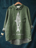 Sardine Fish Graphic Printed Women's Casual Cotton And Linen Shirt