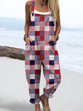 Wome'S Vintage Blue Red And White Print Casual Cotton Wide Leg Jumpsuit