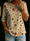 Women’s Vintage Floral Print Casual Half Sleeve Henley Cotton Top RSST206