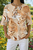 Womens Beige Abstract Cat Print Casual Shirt