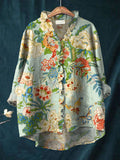 Women's Vintage Floral Art Print Casual Cotton And Linen Ruffle Shirt