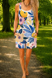 Women’s Beige Blue Tropical Leaf Print Casual Cotton Wide Leg Romper