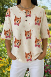 Womens Beige Leafy Orange Cat Print Casual Shirt