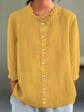 Women's Casual Cotton And Linen Ruffle Collar 3/4 Sleeve Shirt