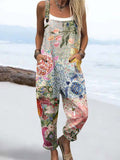Wome's Vintage Flowers And Turtles Pattern Print Casual Cotton Wide Leg Jumpsuit