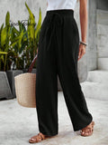 Women's Cotton Vacation Elastic Waist Lace-up Loose Wide Leg Solid Color Casual Pants