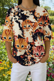 Womens Orange Abstract Multi-Cat Print Casual Shirt
