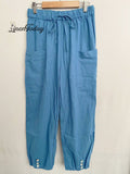High-waisted Buttoned Cotton and Linen Pants Cropped Pants
