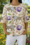 Womens Cream Purple Floral Leopard Cat Print Casual Shirt