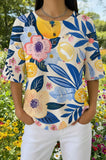 Womens Blue Yellow Artistic Floral Print Casual Waffle Cotton Shirt