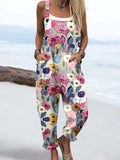 Wome'S Art Oil Painting Floral Brushstroke PatternPrint Casual Cotton Wide Leg Jumpsuit