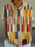 Women's Abstract Geometric Pattern Art Print Casual Cotton And Linen 3/4 Sleeve Shirt