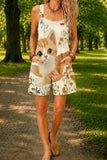Women’s Beige Cute Cat Print Casual Cotton Wide Leg Romper