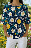 Womens Navy Daisy Letter Print Casual Waffle Cotton Shirt