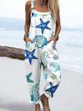 Wome'S Holiday Style Starfish And Seahorse Pattern Print Casual Cotton Wide Leg Jumpsuit