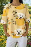 Womens Yellow Floral White Dog Print Casual Shirt