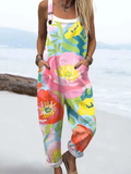 Wome's  Holiday Style Artistic Floral Pattern Print Casual Cotton Wide Leg Jumpsuit