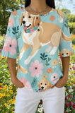Womens Light Blue Floral Golden Retriever Print Casual Shirt