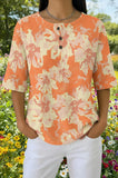 Womens Orange Summer Floral Print Casual Waffle Cotton Shirt
