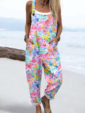Wome'S Colorful Happy Flowers Arrangement  Pattern  Print Casual Cotton Wide Leg Jumpsuit
