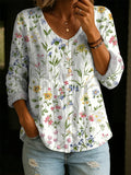 Artistic Floral Print Cotton Blouse - Women's Elegant Casual Soft Cotton Top