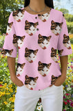 Womens Pink Cat Grid Print Casual Shirt