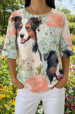 Womens Peach Dog Floral Print Casual Waffle Cotton Shirt